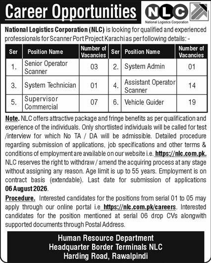 National Logistics Corporation NLC Rawalpindi Jobs 2026 Official Advertisement