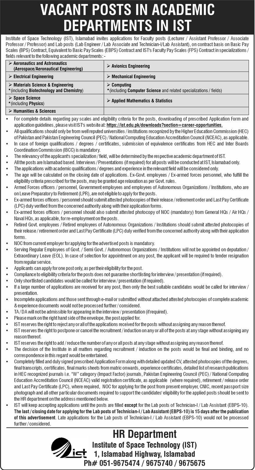 Institute of Space Technology IST Islamabad Jobs 2026 Official Advertisement