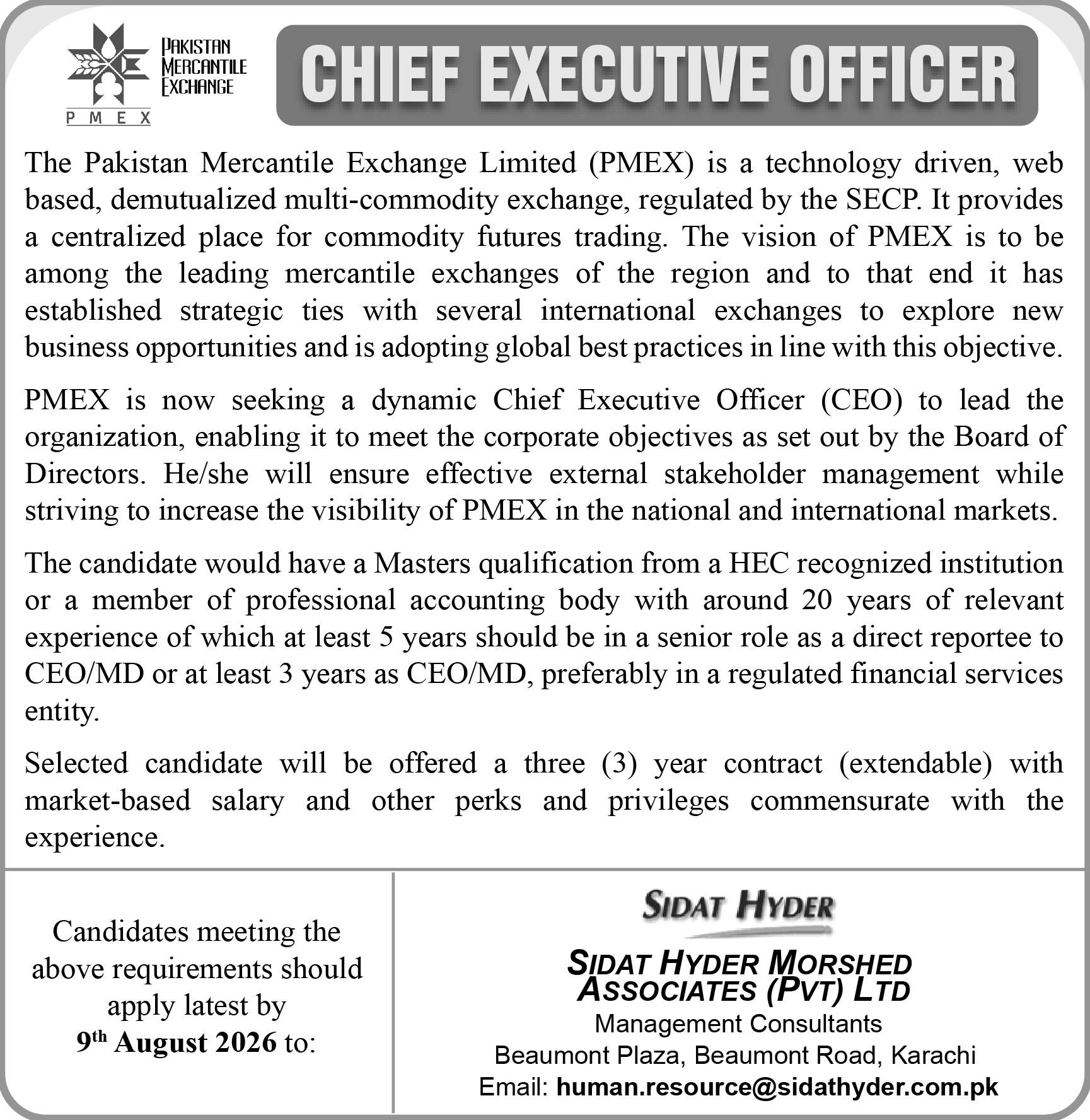 Pakistan Mercantile Exchange Limited PMEX Jobs 2026 official private sector jobs advertisement in Pakistan